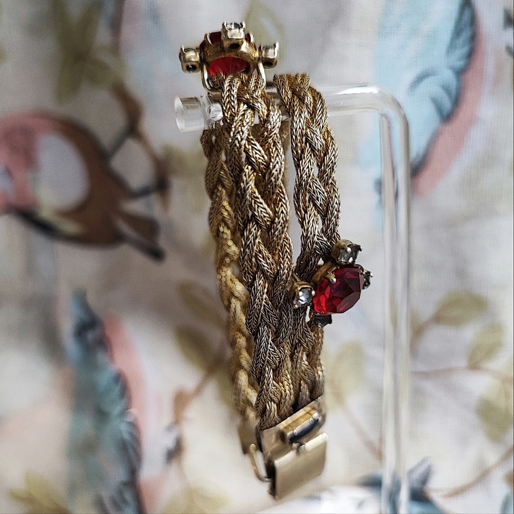Dual Strand Braided Sterling Vintage Gold Wash Slide Bracelet Red & Gray Stones - Picture 2 of 15